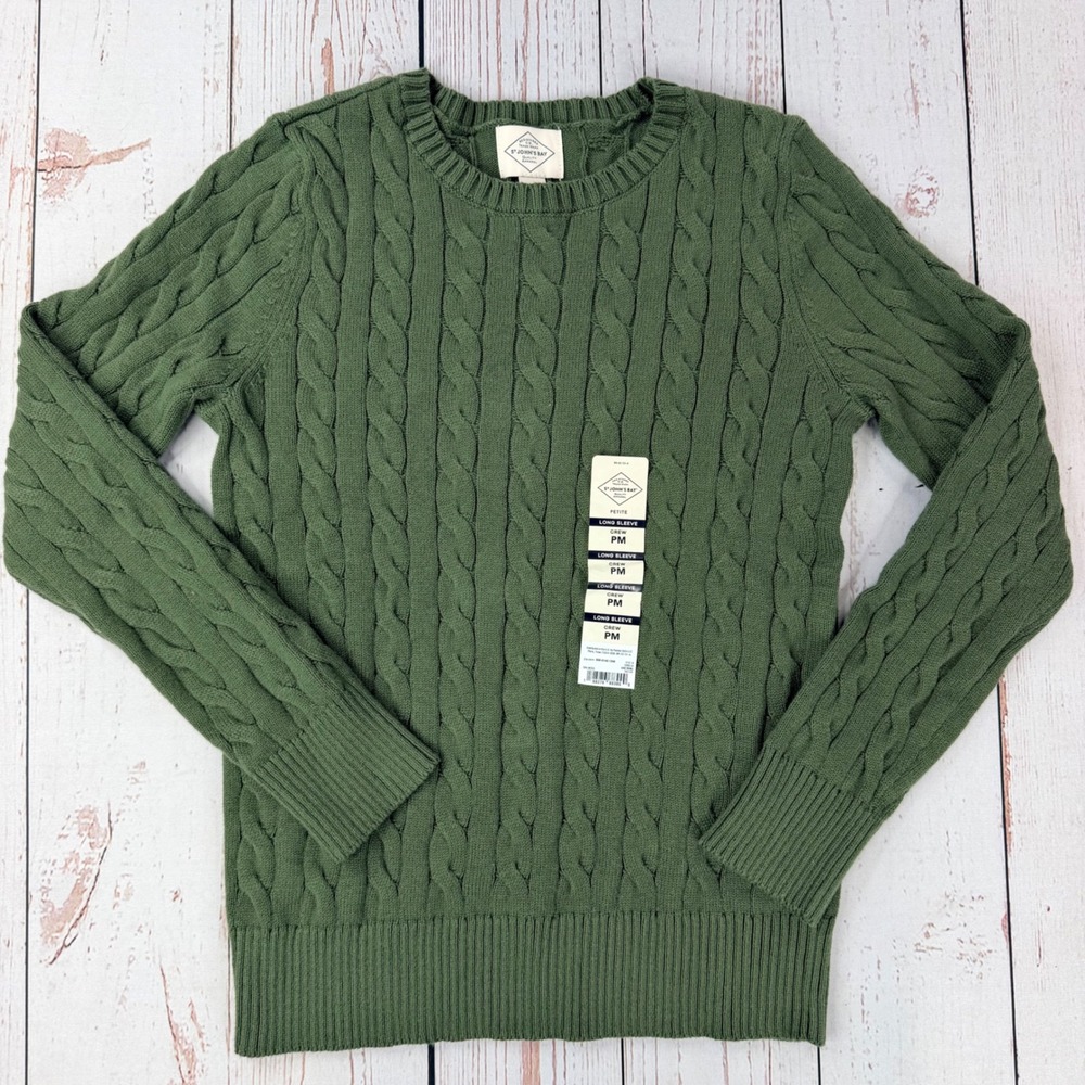St. Johns Bay Womens Petite Medium Oak Moss Green Cable Knit Crew Neck Sweater